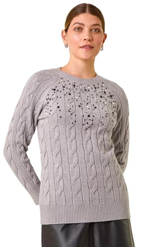 Roman Originals Embellished Cable Knit Jumper for Women UK - Ladies Everyday Autumn Winter Crew Neckline Comfy Soft Evening Vacation Work Party Night Out