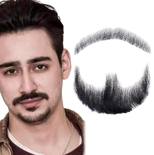 Peosaard Facial Hair, Beard Human Hair Realistic Beard Mustache Invisible Facial Costume Lace for Men Dressing Halloween Cosplay Costume Black, Realistic
