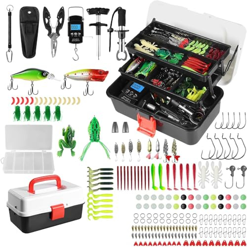 SKIKHN Angelzubehör Set, Angelkoffer mit Zubehör, 218 PCS Angel Köder Set mit Haken, Angelköder, Angelausrüstung, Angelköder Set, Angelset Komplett Anfänger, Angelköder für Barsch, Bluegill, Crappie