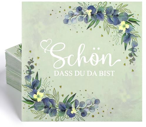 100 Stück Servietten Schön Dass Du Da Bist, Servietten Grün 33x33 cm | Servietten Salbeigrün mit Spruch für Geburtstag, Hochzeit, Jubiläum, ideale Tischdeko, saugstark und reißfest