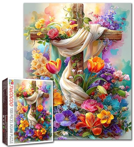 Christliches Kreuz 1000 Teile Puzzles für Erwachsene Holzblumenkreuzpuzzles Religiöses Kreuzpuzzle für Heimdekoration, Geschenke, Familienpuzzle, perfekt für Spieleabende, 50 x 70 cm