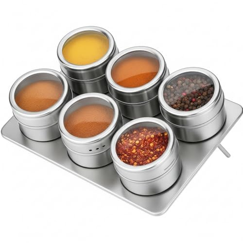 esmerina Magnetische Gewürzdosen Set Ø6x4,5 cm mit Metallplatte 15,5 cm – Edelstahl Gewürzgläser mit Sichtfenster & Drehdeckel – Gewürzbehälter magnetisch für Kühlschrank & Küche