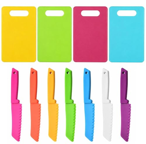 huoanpo 11PCS Kids Knife Set, Plastic Knives with Chopping Boards | Plastic Serrated Tools, 7 Knives 19.5x3cm + 4 Boards 29x19cm, Assorted Colours for Family Cooking Practice