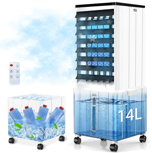 Climatizzatore mobile, 14 l, senza tubo di scarico con 3 modalità, timer da 12 ore, 60 W, 40 dB, oscillazione a 120°, serbatoio dell'acqua rimovibile, telecomando, silenzioso, per appartamento e