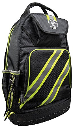 Klein Tools Pro 55597 Rucksack, für Elektriker, hohe Sichtbarkeit, 39 Taschen und geformte Basis, kleine Werkzeuge Schwarz Reflektierend Grau Grüne Akzente 20-Inch