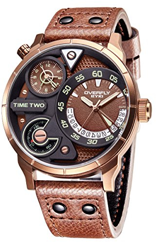 Alienwork Armbanduhr Herren Bronze Lederarmband Braun Kalender Datum Multi Zeitzonen XL Große