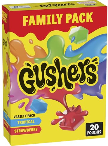 Gushers Paquete familiar de bocadillos con sabor a frutas, sabores tropicales y fresas, bocadillo gomoso sin gluten para niños, centro jugoso, fuente de vitamina C, envueltos individualmente, caja a