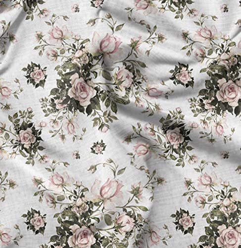Soimoi White Heavy Canvas Stoff Blatter & Rose Blumendruck Polsterstoff, Stoff fur Wohnakzente Nahstoff BTY 58 Zoll breit