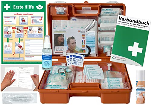 Verbandskoffer/Verbandskasten (M) Typ CS -Paket 2- Erste Hilfe nach aktueller DIN 13157 für Betriebe -DSGVO- INKL. PERFORIERTEM VERBANDBUCH + Hygiene-Gel & Sprühpflaster + AUSHANG