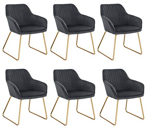 WOLTU Esszimmerstühle 6er Set Küchenstühle Wohnzimmerstühle Polsterstühle Sessel, Armlehnstühle mit Rückenlehne, für Esszimmer, Küche, Wohnzimmer, Samt, Gold Metallbeine, Dunkelgrau, BH246dgr-6