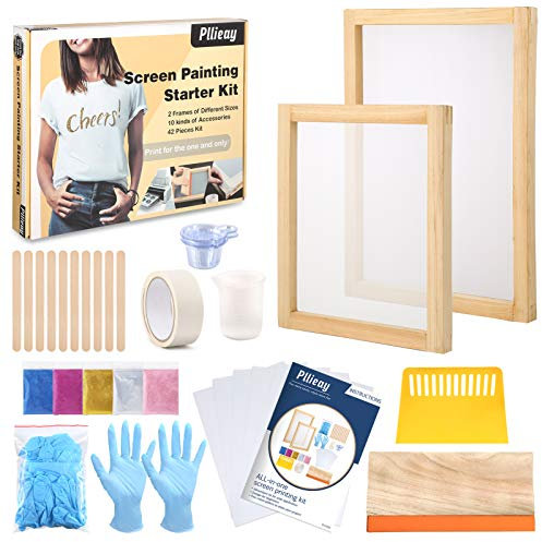 Pllieay 42 Stück Siebdruck Rahmen Set mit Anleitung (evtl. nicht in deutscher Sprache), inklusive 2 Holz-Siebdruckrahmen, 5 Farben feiner Glitzer, Siebdruck-Rakel und wasserdichte Transparenzfolien