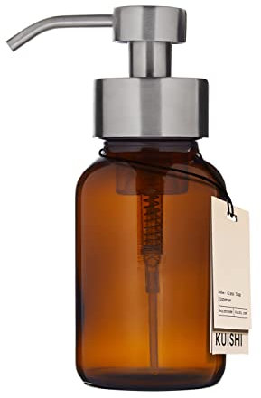 Kuishi Amber Glass Foaming Liquid Soap Dispenser with Silver Pump, 250ml Recycled Soap Bottle, UV Protective Amber Glass Container, BPA-Free Silver Pump