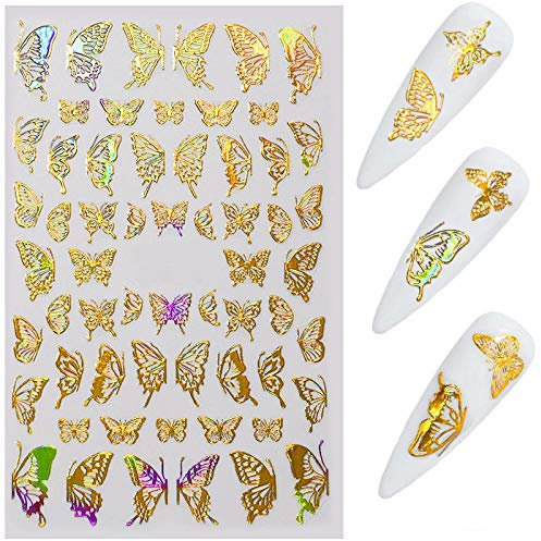 MWBLN Nail stickers,1pc Bronzing Laser Butterfly Nail Sticker,Waterproof Nail Accesoires Thin Gold Silver Butterfly Nail Art Decorations Nail Decals Golden-L01