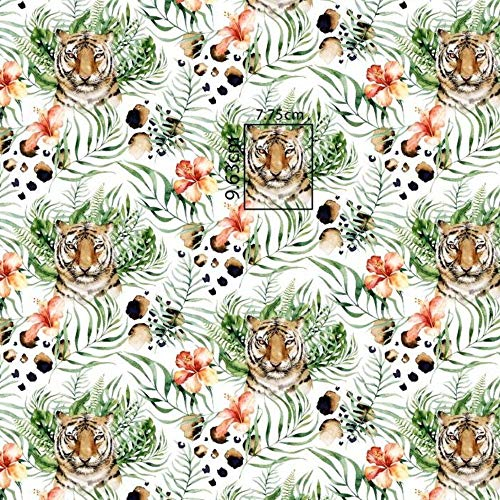 Pingianer 11,99€/m Tiger Zebra Elefant Wilde Tiere 100% Baumwolle Baumwollstoff Kinder Meterware Handwerken Nähen Stoff (Tiger Farn Blume Weiß, 100x160cm)