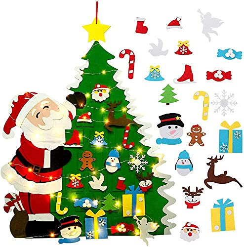 Albero di Natale fai da te in feltro con 32 ornamenti da 1,2 m, albero di Natale finto 3D con 20 luci a LED per bambini e bambini, porta della casa, parete di Natale (Babbo Natale con lampada)
