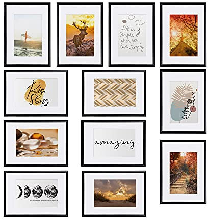 bomoe 12er Bilderrahmen Set Sunlight - Fotorahmen Collage für 13x18 cm Bilder Fotowand Bilderrahmen mit Passepartout & Aufsteller - Bilder Rahmen aus Kunststoff & Kunststoffglas Schwarz