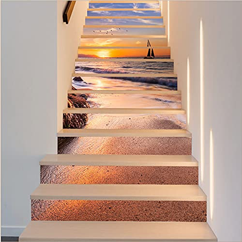 FLFK 13pcs 3D Goldener Strand bei Sonnenuntergang selbstklebende Treppenaufkleber Schälen und kleben Treppenstufen Abziehbilder für Heim Schul dekoration 39,3x 7