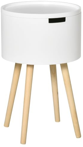 HOMCOM Mesa Auxiliar de Salón Moderna Mesita de Noche con Tapa Extraíble Espacio de Almacenamiento y Patas de Madera para Dormitorio Sofá Esquina Ø38x63 cm Blanco