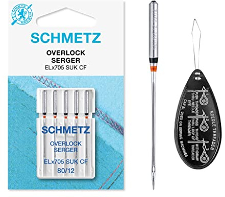 Schmetz Overlock/Serger ELx705 SUK CF (mittlere Kugelspitze, Chrom-Finish), Nähmaschinennadeln, Größe 80/12, inklusive großem Nadeleinfädler