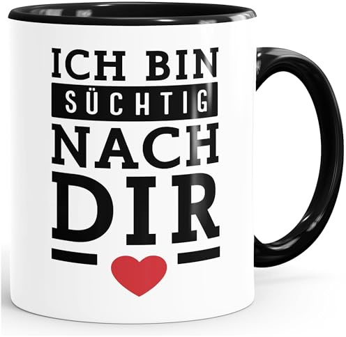 MoonWorks® Kaffee-Tasse Spruch Liebe Liebeserklärung Ich bin süchtig nach dir Herz Geschenk Verliebte Jahrestag Weiss-innen-schwarz Keramik-Tasse