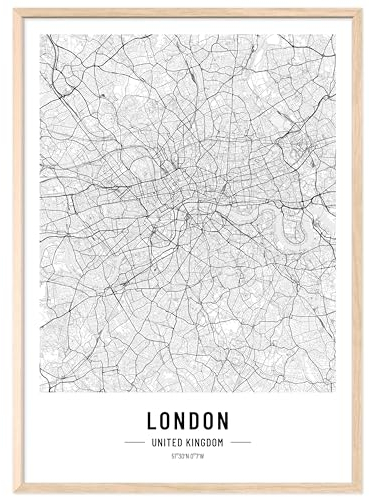 JUNOMI® London Poster DIN A2 mit Rahmen Natur, DIN A2 Wohnzimmer Deko, Modernes Wandbild, London Bild, Wandbild mit Rahmen, Stadtplan Poster London, perfekte Geschenkidee für Londoner