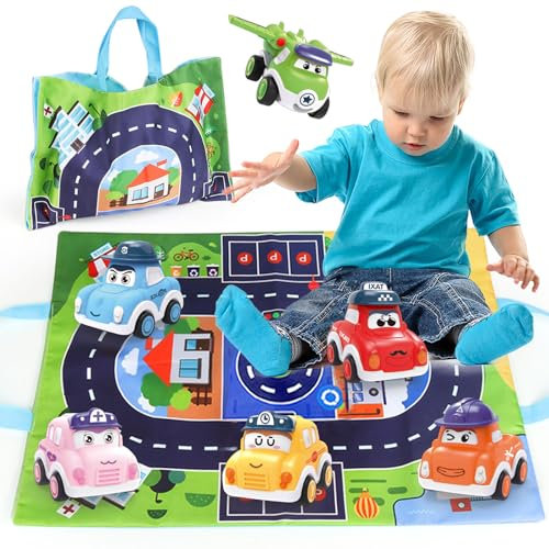 Norkbeng Toy Cars for Kids, 6PCS Pull Back Vehicles Set with Play Mat/Storage Bag, Friction-Powered Push and Go Trucks for Toddlers Boys Girls Age 3-8, Birthday Gifts