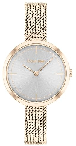 Calvin Klein Analog Quarzuhr für Damen mit Rotgoldfarbenes Edelstahl-Mesh-Gliederarmband - 25200187