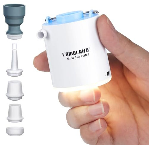 Mini Air Pump, CAMULAND Sleeping Pad Pump Portable Air Pump for Inflatable with 1300mAh Battery USB Rechargeable Camping Light 5 Nozzles for Air Mattress, Pool Floats,Vacuum Storage Bag