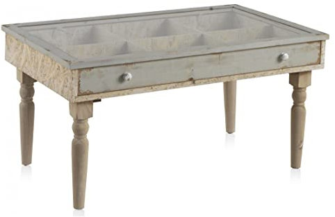 JUANIO Table Basse avec tiroir en Bois de Sapin Coloris Blanc avec Plateau en Verre - Longueur 100 x Hauteur 50 x Largeur 60 cm