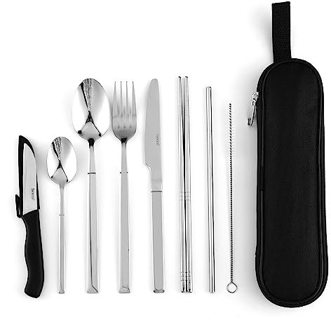 Hecef Travel Cutlery Set Portable Camping Flatware Set for 1, Premium Reusable 18/0 Stainless Steel with Sleek Case for Picnics (Silver)