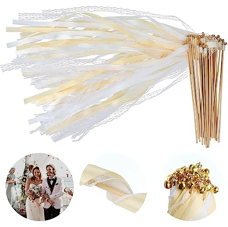 JOLIGAEA 30 Stück Wedding Wands, Zauberstäbe Hochzeit Luftschlangen mit Glöckchen und Bänder, Spitze Stäbe Hochzeit, Luftschlangen mit Holzstäbchen Werden für Hochzeiten, Geburtstage, Feiertagsfeiern