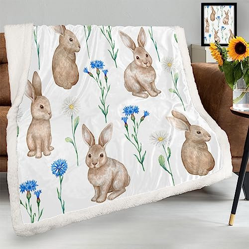 Bunny Flowers Fleece-Überwurfdecke für Couch, Sofa, Bett, super weich, gemütlich, warme Decke, leicht, flauschig, bequem, flauschig, Plüschdecken für alle Jahreszeiten (127 x 152 cm)