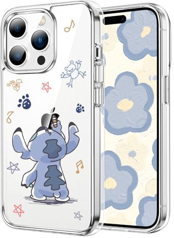 Anime Phone Case for iPhone 15 Pro Clear with Cute Big Ear Blue Dog Pattern for Women Girls, Cartoon Slim Soft Silicone TPU Shockproof Protective Cover Compatible for iPhone 15 Pro 6.1Inch Case
