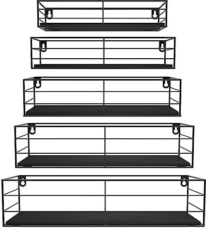 HORLIMER 5er-Set Wandregal, Schweberegal mit Schwarz Metal Stäben und Schwarz Holzbrett, Rustikale Regal Wand für Küche, Bad, Schlafzimmer, Wohnzimmer und Büro (Rechteckig)