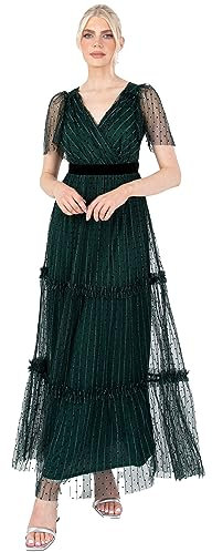Lovedrobe Women's Maxi Dress Ladies V-Neck Short Angel Sleeve Tulle Ruffles Wrap Top Velvet Waistband for Evening Occasion Party, Green, 24