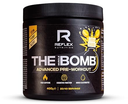 Reflex Nutrition The Muscle Bomb Caffeine Pre Workout Powder - 350mg Caffeine, 9g Citrulline Malate, 2.5g Beta Alanine - Energy, Pump & Focus for Explosive Workouts (Sherbet Lemon, 400g, 20 Servings)