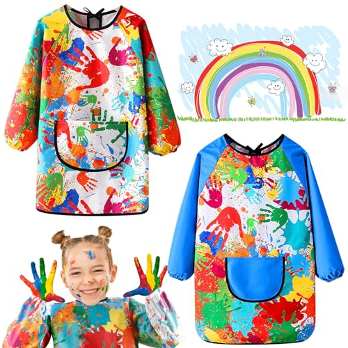 2PCS Kids Art Aprons for Children120-140cm, Waterproof Long Sleeve Children Painting Apron, Artist Painting Aprons with Pocket for Painting and Cooking