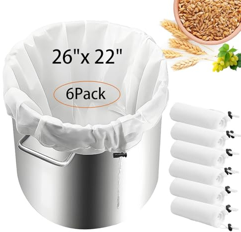 Goaste 6 Pack Extra Large Brew Bags, 56cm x 66cm Reusable Fine Mesh Strainer Bag, 150 Micron Cold Brew Filter Bag with Adjustable Drawstring for Home Brewing Hops Grains Wine Beer Making