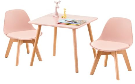LuxNook Kindertisch mit 2 Stühlen, Kindersitzgruppe, aus FSC nachhaltigem massivem Buchenholz, 1 bis 6 Jahre Kinder, Kindermöbel für Kinderzimmer, Kindergärten, rosa