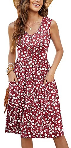 MOLERANI Damen Kurzarm V-Ausschnitt Button-Down Midi Skater Kleid mit Taschen(Blumen Rot,S)