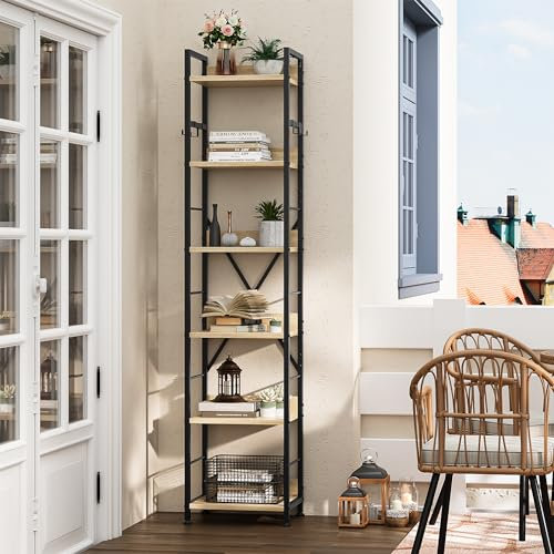 YITAHOME Bookcase 6 Tiers, Floor Standing Book Shelf with 4 Hooks, Wooden Shelf and Metal Frame Book Rack Industrial Tall Shelf Unit Storage for Living Room, Home Office, Oak Color Bookshelf