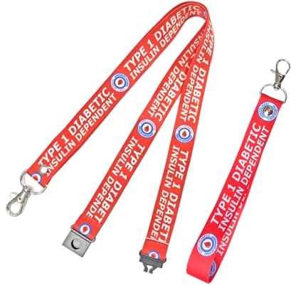 PAPER PLANE LONDON Lot de porte-clés avec cordon imprimé diabétique de type 1 – Alerte médicale pour diabète dépendant de l'insuline, Rouge, 45 x 2 cm (80CM CIRCUMFERENCE), KEY TAG: 20 X 2 CM