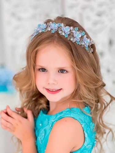 IYOU Blumenmädchen Stirnband Blau Blumen Prinzessin Kristall Kommunion Braut Hochzeit Haarschmuck für Mädchen