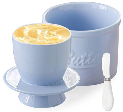 Beurrier Ceramique avec Couteau Beurre, Beurrier à Eau avec Couvercle, Pot à Beurre avec Refroidissement, Pot Beurre Français Porcelaine pour Conserver le Beurre Frais, Beurre Tartinable (Bleu, 6 oz)