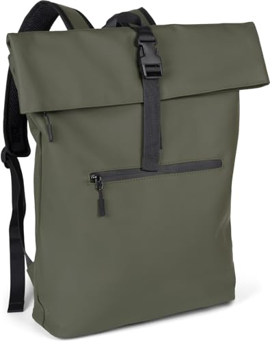 styleBREAKER Unisex Rolltop Rucksack Wasserfest Seesack, Oliv | 39x44x12 cm Hauptfach mit Zipper und Schnalle, gepolsterter Bereich für 15,6 Zoll Laptops. 45-90 cm anpassbare Schultergurte.