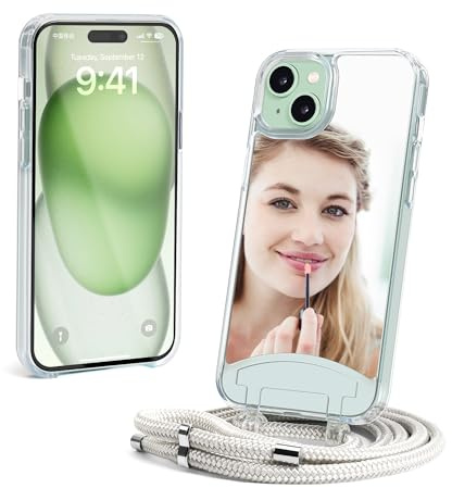Lawonda Hülle für iPhone 15 Pro, Spiegel Handyhülle Geeignet für Make-up,Selfie Handykette mit abnehmbarem Band Hülle Seil Verstellbarer Halskette Handyhülle mit Kordel Tasche Schutzhülle Silber