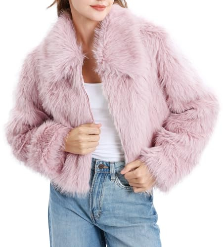 Amazhiyu Manteau en fausse fourrure pour femme, veste d’hiver à manches longues col rond avec fermeture éclair - Manteau d’hiver douillet et chaud, rose, XXL