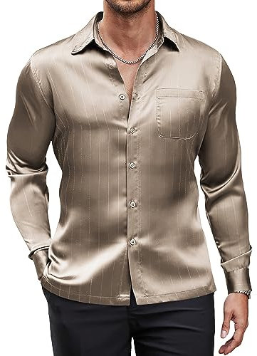 COOFANDY Mens Luxury Satin Dress Shirt Shiny Silk Long Sleeve Button Up Shirts Wedding Shirt Party Prom, Champagne, 3XL