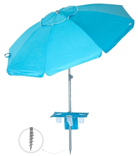 AKTIVE Sombrilla playa, Azul, 210 cm, Mesa central con posavasos, Colgador, Mástil acero, Inclinable y regulable en altura, Tejido poliéster Oxford, Protección UV50, Sombrillas grandes (62331)