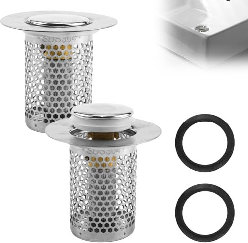 LPZMPZ 2 Stück Waschbeckenstöpsel mit Sieb Abflusssieb Bodenablauf Filter aus Edelstahl, Messing Core pop up Ventil Waschbecken, für 33-55mm Abflussloch